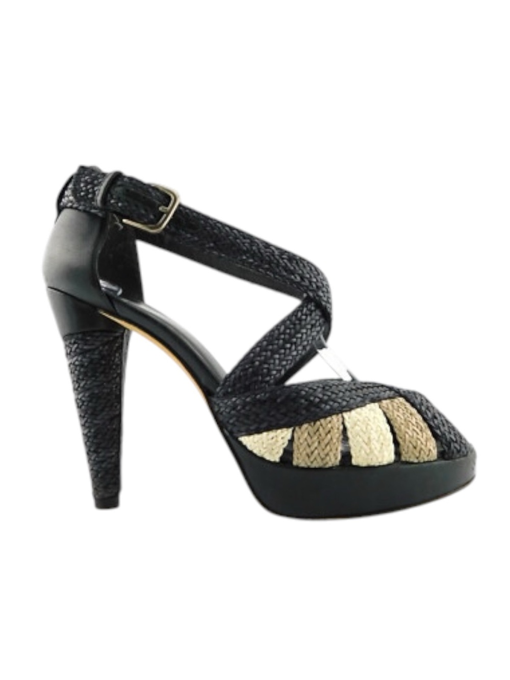 Stuart Weitzman Blk/Crm/Tpe Bradford Woven Leather Peep Toe 5" Platform Heel (8)